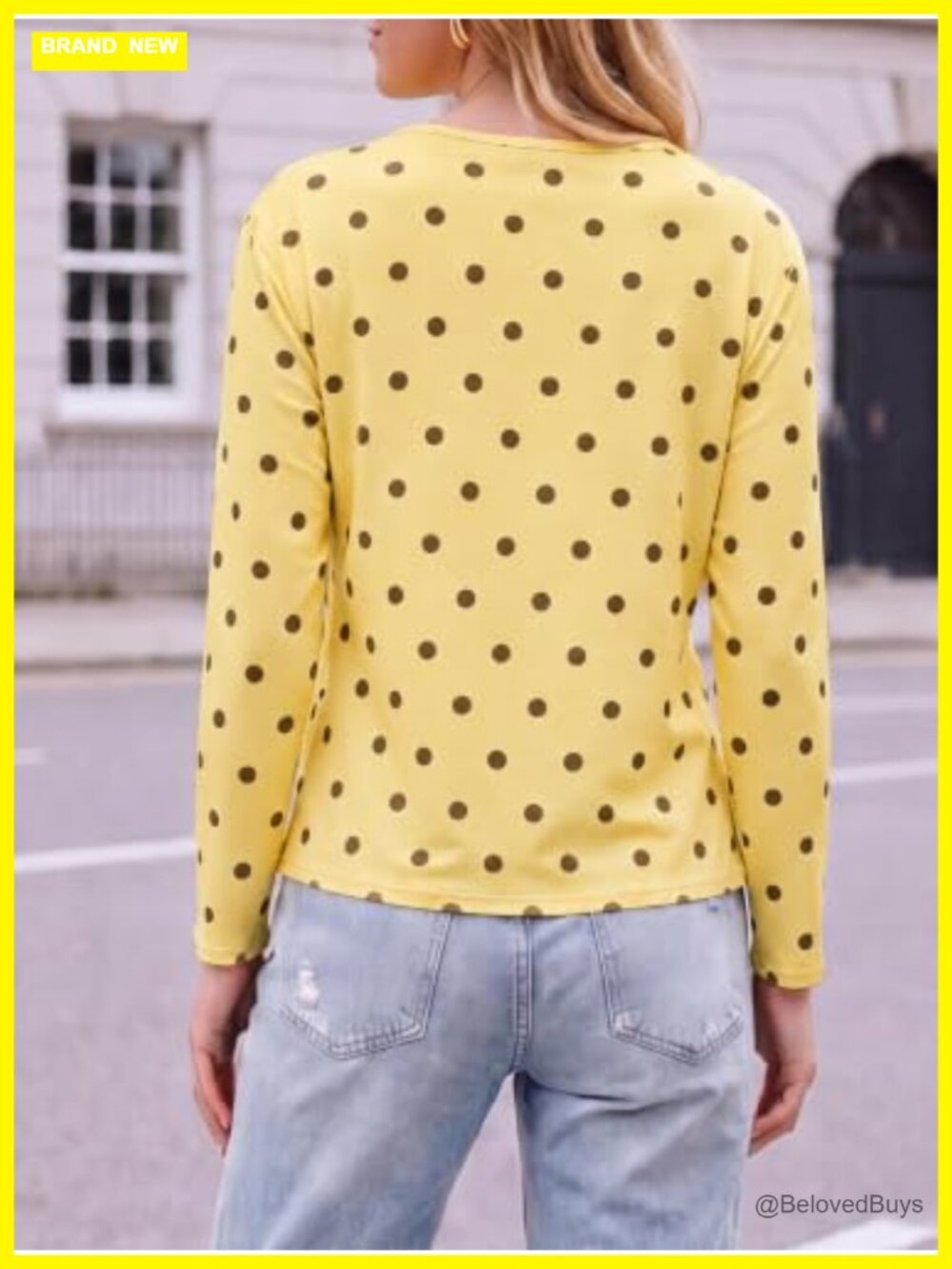 Women's Polka Dot Long Sleeve Boat Neck Slim Fit T-Shirt Soft Stretch Knit - Picture 4 of 5